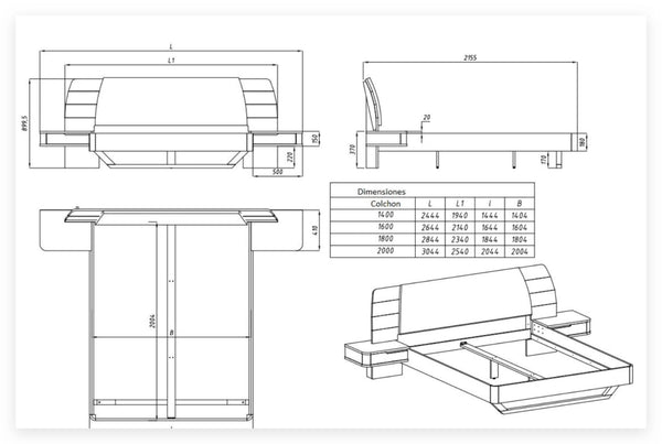 Cama em madeira maciça de carvalho com mesas de cabeceira ALINA | VESKOR