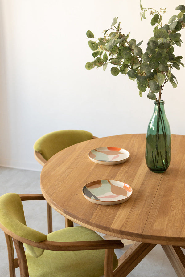 Mesa de jantar extensível redonda NordicStory Holger em carvalho maciço 140-190 x 140 x 76cm.