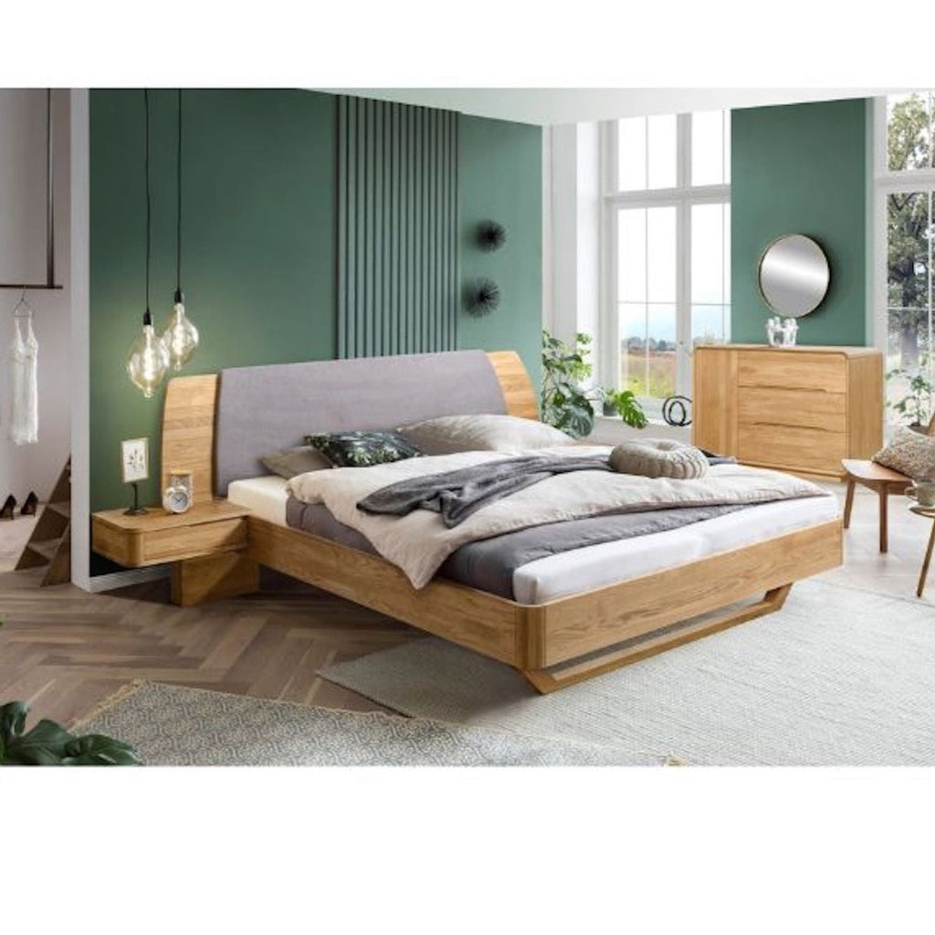 NordicStory "Alina" cama de carvalho maciço com cabeceira e 2 varandas de cabeceira flutuantes