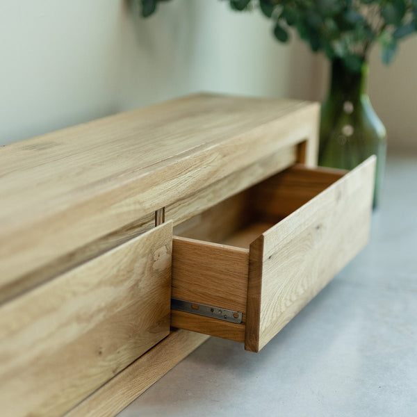 Mesa de consola com aparador flutuante em carvalho maciço Sven, 120 / 100 x 25 x 30 cm | NordicStory
