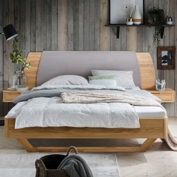 NordicStory "Alina" cama de carvalho maciço com cabeceira e 2 varandas de cabeceira flutuantes