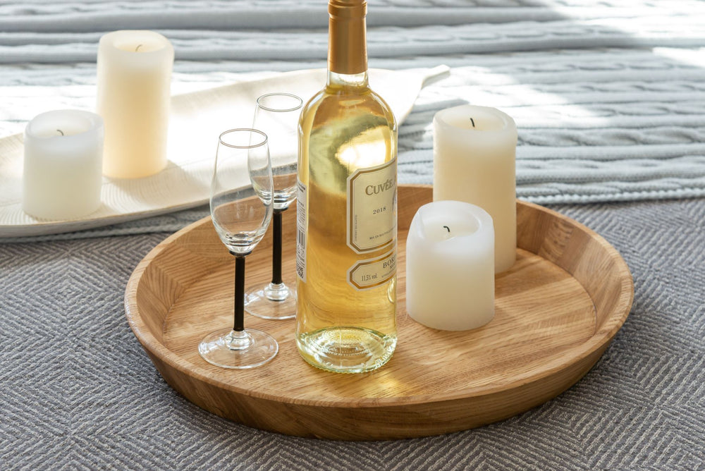 NordicStory Tabuleiro decorativo redondo de carvalho maciço Info Draft